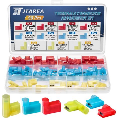 Entièrement Isolée Drapeau Terminal 90 Degrés Nylon Cosses Electriques a Sertir Cosse de câble 22-18 16-14 12-10 AWG Connecteur Electrique Rapide (Rouge 40 Bleu 40 Jaune 10) (1/5)