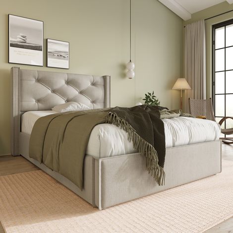 Modernluxe – Lit coffre capitonné 90x200cm – Tissu coton gris clair – Sommier à lattes relevable – Rangement sous le lit – Capacité 150kg (1/6)