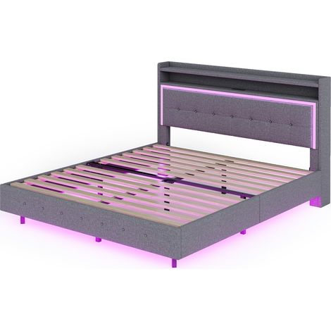 CAIziLit rembourré 140x200 LED USB, tête rangement, plateforme lin gris (1/5)