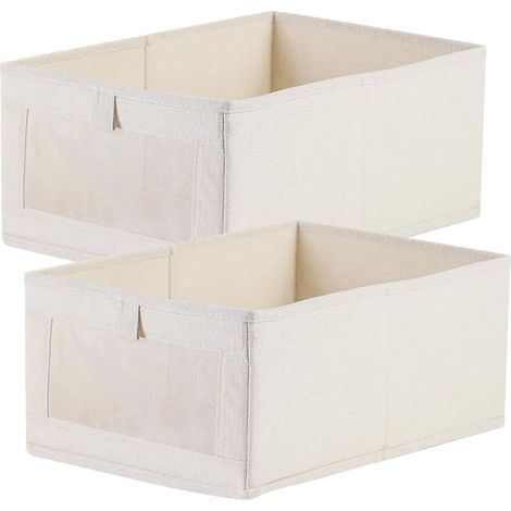 2PCS Boite de Rangement, Tissu Coton et Lin, Fenêtre Transparente, Pliable, Pour Armoire
