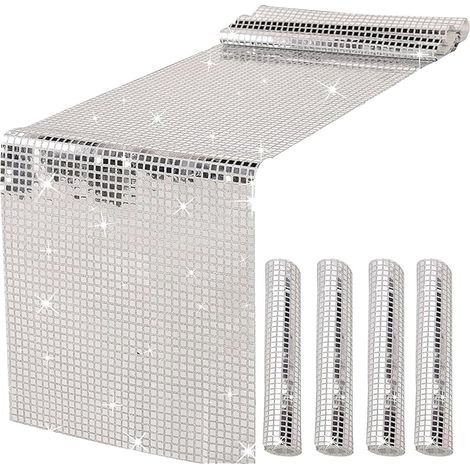 4pièces Chemin de Table Disco,Chemin de Table Argenté Paillettes,pour Années 70 80 Disco Party Deco,Anniversaire,Mariage,30x180 cm (1/5)