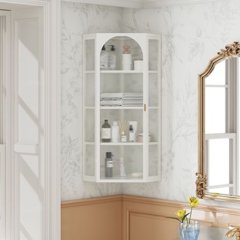 Armoire murale triangulaire en verre blanc transparent de 105 cm, quatre niveaux de rangement, sans panneau arrière, idéale pour la cuisine et la salle de bain, blanche (1/5)