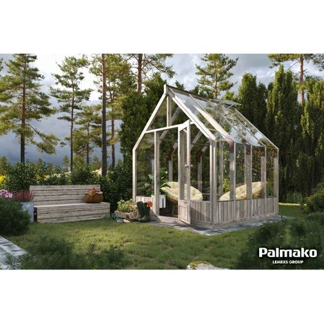 Serre en bois épicéa 5,4 m² – Traitement autoclave gris – Hauteur 286 cm – Vitrage en verre trempé pour sécurité – Palmako (1/5)