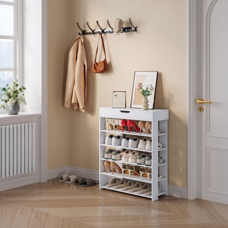 Scarpiera Boppeelo Scaffale a 5 Ripiani e Cassetto 94 x 75 x 30 cm - Bianco [en.casa]