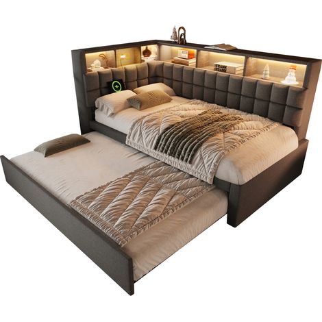 CHICFURN Lit gigogne 90x200 en tissu gris avec lit tiroir 90x190, LED 16 couleurs, Bluetooth, ports USB-A et USB-C, tête de lit L avec rangement (1/5)