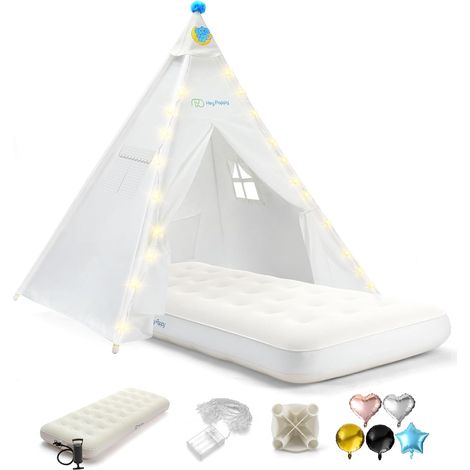 Children's Teepee with Inflatable Mattress, Fairy Lights Children's Indoor Outdoor Washable Tent for Girls, Boys, Balls, Pump, Tent for Parties and Games (1/5)