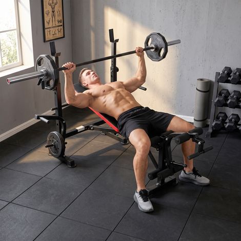 Banc de musculation sans poids, banc de fitness réglable pour de nombreux exercices, station d'entraînement, acier, plastique, noir et rouge (1/5)