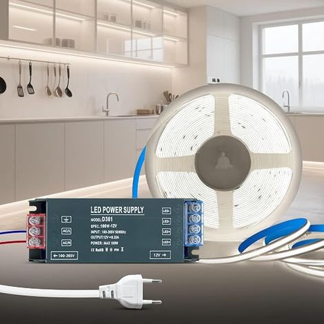 COB LED Strip 12V 5M COB LED Strip Cool White 6000K Cuttable Flexible 320LED/M CRI90 Adhesive Strip Width 8mm with Transformer 220V 12V 100W for Bedroom Home Decoration (1/5)