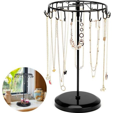 Présentoir à bijoux rotatif en métal noir avec 23 crochets – H 34,8 x L 20,5 cm – Présentoir à bijoux – Support pour colliers, bracelets, bagues et boucles d'oreilles (1/5)