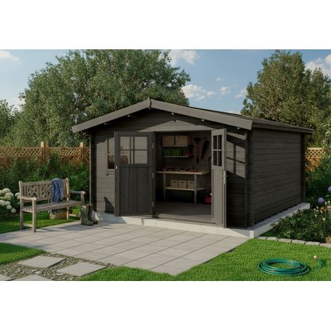 Alpholz Gartenhaus Valeria-28 Gartenhaus aus Holz in Grau, Holzhaus mit 28 mm Wandstärke, Blockbohlenhaus mit Montagematerial (1/4)