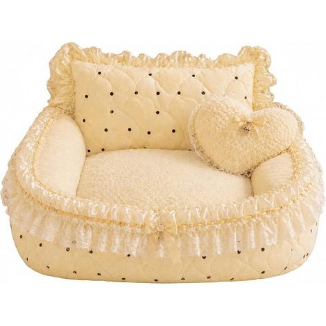 Rectangular Dog Basket, Yellow Polka Dot, Quilted Model with Free Cushion, Size 2 (1/5)