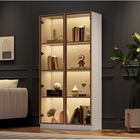 Vitrina LED 80x40x160 cm de madera blanca, estantes ajustables con luz para salón -FLORAGRACE (1/5)