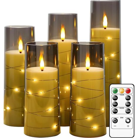 Candele a LED senza fiamma, candele tremolanti a batteria, set di candele elettriche con fiamma mobile ed effetto vetro, telecomando, timer, int (1/5)