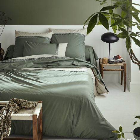 Housse de couette en percale de coton au galon géométrique Vert Olive 140x200 cm