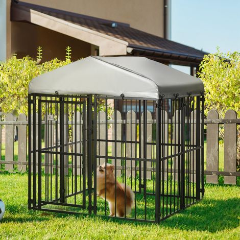 Cage Enclos pour Petits et Moyens Chiens, Poules et Canards avec Toit, 122x122x13 cm (1/5)