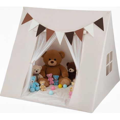 COSTWAY Large Kids Playhouse Tent 120 x 120 x 105 CM Toddler Play Tent-Beige