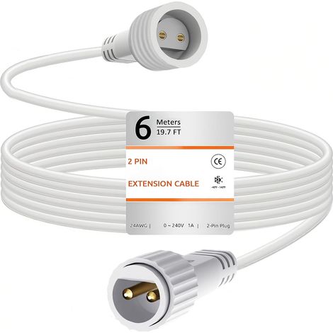 Rallonge Électrique 6M/19.8FT Connecteur Guirlande LED Exterieur  2 Broches Prolongateur IP65 Étanche Rallonge Guirlande Lumineuse pour Éclairage de Noël Lumineuse, Rideau Lumineux - Blanc (1/5)