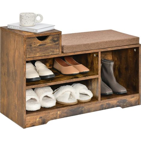 Shoe Storage Bench, Industrial Shoe Rack with Seat Cushion, Drawer & 3 Open Compartments, Wooden Hallway Bench Cabinet & Bed-End Stool Organizer for Entryway & Bedroom (1/5)