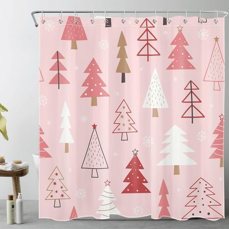 Rideau De Douche Noël - Forêt De Sapins Et Flocons De Neige Blanche Sur Fond Rose - 183 X 183 Cm - Polyester - 1 Pièce (1/5)