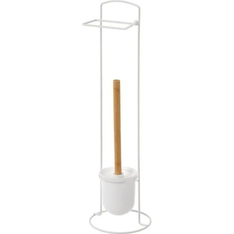Porte-rouleau WC - JUANIO - 2 en 1 - Manche bambou & base plastique - Blanc - Hauteur 59 cm (1/3)
