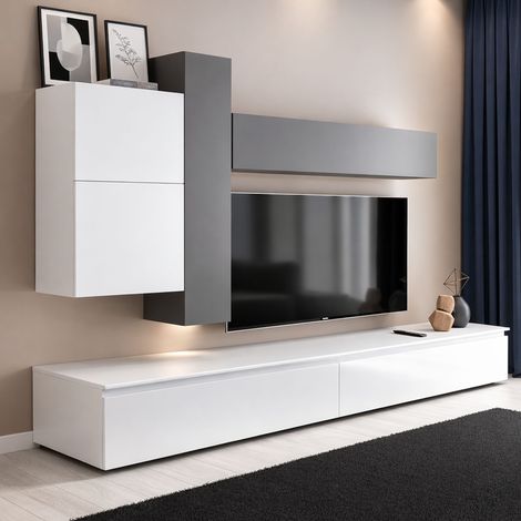 Dmora - Pared Equipada Anemolo, Composición de la sala de estar, Muebles de salón, Gabinete de TV, Made in Italy, 276x40 h190 cm, Blanco brillante y Pizarra (1/4)