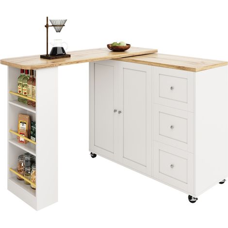 Table de bar extensible pivotante blanche - 3 tiroirs, 2 portes, roulettes - 138-209x39x106cm (1/5)