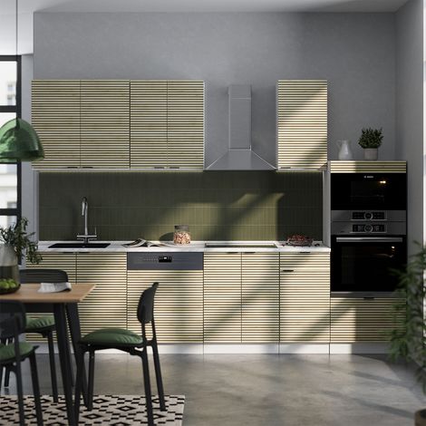 Mueble de cocina Fame-Line, Panel roble/blanco, 300 cm con armario alto, sin encimera, Vicco