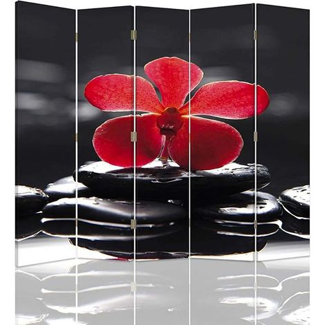 Paravent design floral zen pour intimité et décoration - 180 x 180 cm - 1 face déco, 1 face noir