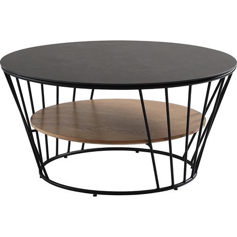 SONIA - Table Basse Métal Plateaux Céramique Noire et Plaqué Chêne (1/3)