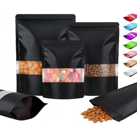 100 schwarze Doypack Mylar-Beutel (14 x 20 cm), wasserdichte Aufbewahrungsbeutel für Lebensmittel mit Sichtfenster