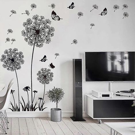 Stickers muraux FLEURS DE PISSENLIT noir (150x114 cm) I papillon plantes branche arbre I autocollant mural pour salon chambre cuisine bureau a (1/5)