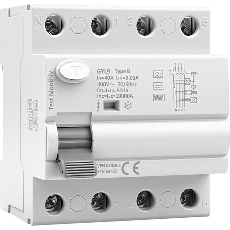 Interruttore differenziale tipo B da 30 mA, interruttore differenziale RCCB 3P+N da 10 kA da 40 A, AC 400 V, adatto per stazioni di ricarica e apparecchiature industriali GYL9 (1/5)