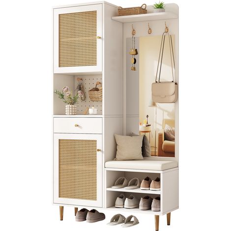 Appendiabiti da ingresso con panca porta scarpe, specchio e pannello forato, realizzato in truciolato bianco naturale, 99x35x180 cm (1/5)