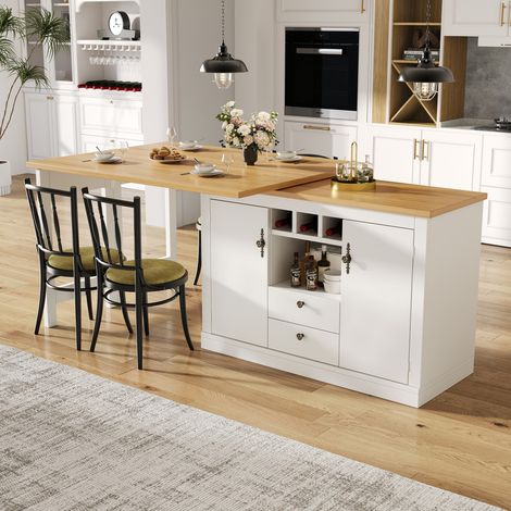 Table de bar extensible 120-180 cm avec rotation à 360° et espace de rangement,îlot de cuisine moderne avec table,blanc
