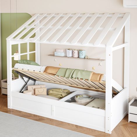 Letto per bambini 90x200 cm stile cottage con tetto e finestra, contenitore idraulico e nicchie laterali, bianco (1/5)