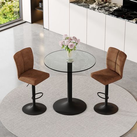 Ensemble bar flexible: table en verre de 89 cm + 2 tabourets de bar pivotants en tissu technique marron. Structure métallique noire, avec repose-pieds confortable. Le choix idéal pour votre bar à domi