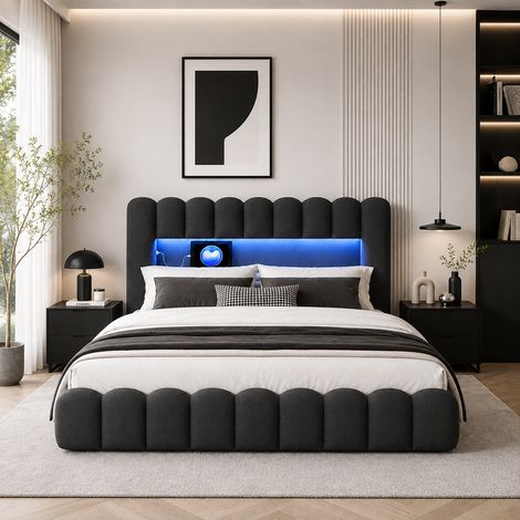 Lit double rembourrée 180x200cm avec sommier à lattes, lit coffre avec rangement hydraulique, LED & USB, lin gris