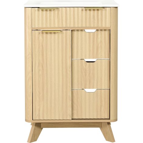 Mobile bagno 61 cm con lavabo in ceramica, 3 cassetti, anta scorrevole e finitura legno naturale (1/5)