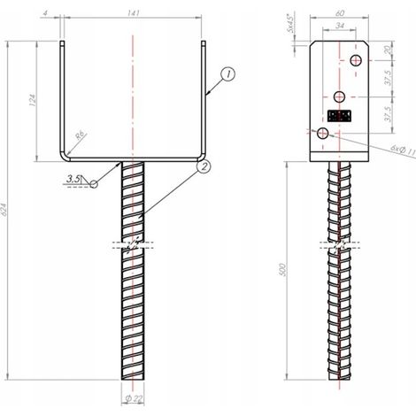Base de poteau galvanisée 141x624x12mm (1/2)