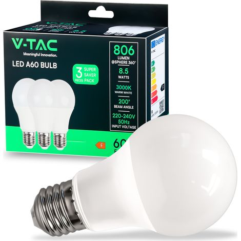 V-TAC E27 LED-Glühbirne 8,5 W A60 Warmweiß (3er-Packung)