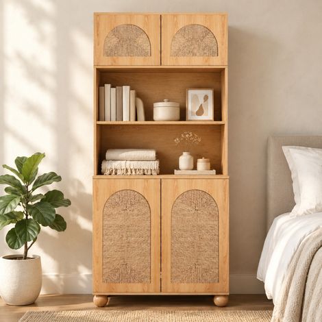 Mobile contenitore alto 80 x 40 x 180 cm con ante in cannage naturale HAVRYA (1/5)