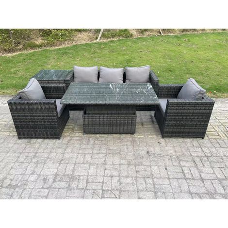 Fimous Outdoor Rattan Garden Furniture Sofa Set Patio Adjustable Rising Lifting Dining Table Set with Side Table 2 Armchairs Dark Grey Mixed (1/5)