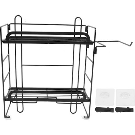 Toilet Storage Shelves Iron Wall Mounted 2 Layer Foldable Grid Home Decor with Hooks Black (1/5)