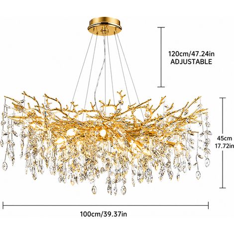 Grand lustre suspension doré 100 cm en cristal K9, luminaire design luxe E14 réglable 120 cm pour salon salle à manger