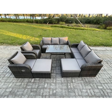 Fimous Salon de jardin exterieur 10 places Table à manger rectangulaire 2 Grand tabourets Gris foncé mixte (1/5)
