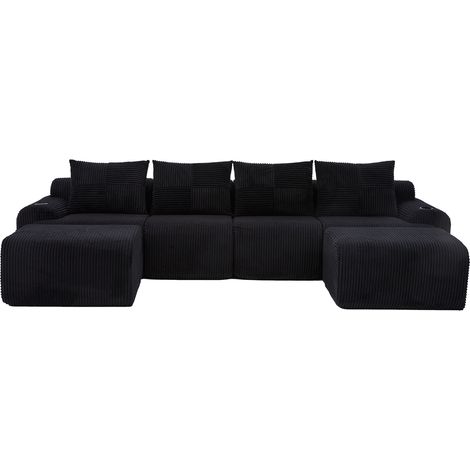 Canapé modulaire en velours côtelé pour 4 personnes (avec 2 poufs), modulable à volonté, avec porte-gobelet et poche de rangement latérale, idéal pour le salon, la salle familiale et d'autres pièces, 