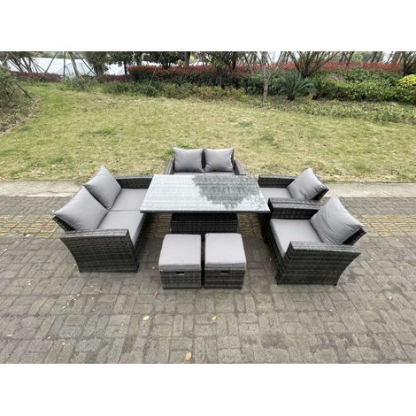 Fimous Rattan Outdoor Furniture Adjustable Rising Lifting Rectangle Dining Table Chairs Two Seater Love Sofa Sets Footstools 8 Seater (1/5)