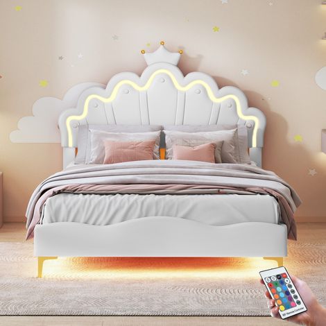 Letto Singolo 140x200 cm, con LED, Testata a Forma di Corona, Telecomando, Rete a Doghe in Legno, Letto Principe Imbottito in Similpelle - Bianco