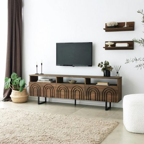 Meuble TV bois brun motif arches avec 2 étagères JACA (1/5)