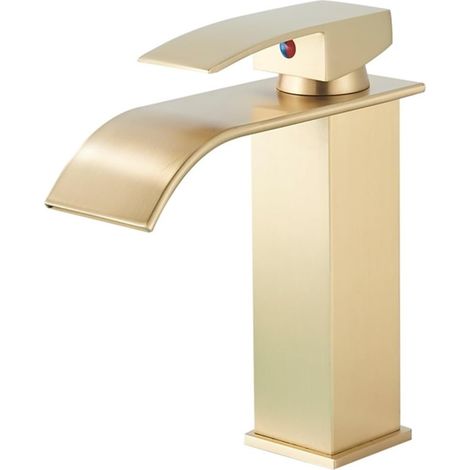 Robinet d'évier cascade doré, montage sur comptoir, mélangeur d'eau chaude et froide, monotrou à levier unique, noyau en aluminium (1/5)